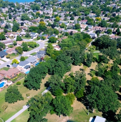 Aerial view of Tecumseh residential area with green spaces